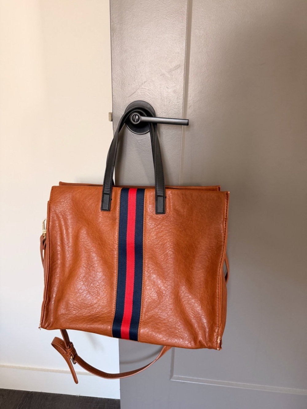 Leather Tote Bag with Navy and Red Stripe - Brown